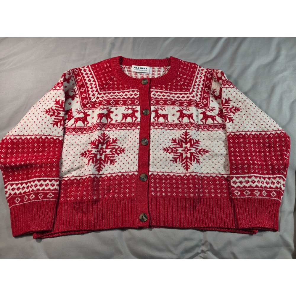Old Navy Fair Isle Cardigan Women XXL Reindeer Snowflake Nordic Sweater NEW